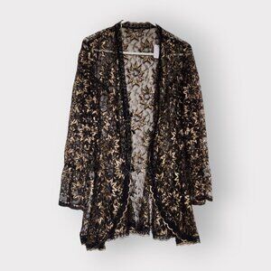 BLACK & GOLD SHINY LACE BLOUSE SIZE L OR XL WITH BELL SLEEVES AND LOOP BUTTON